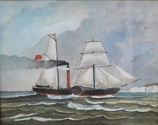 19th century English School, gouache, Schooner and paddle steamer by a coastline, unsigned, 29 x 37cm. Condition - fair